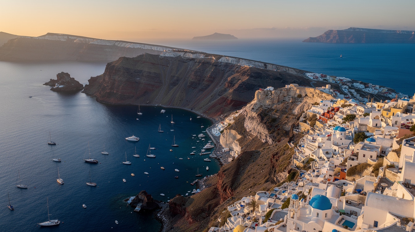 Dramatic aerial view of Santorini showing white villages on volcanic cliff above deep blue caldera