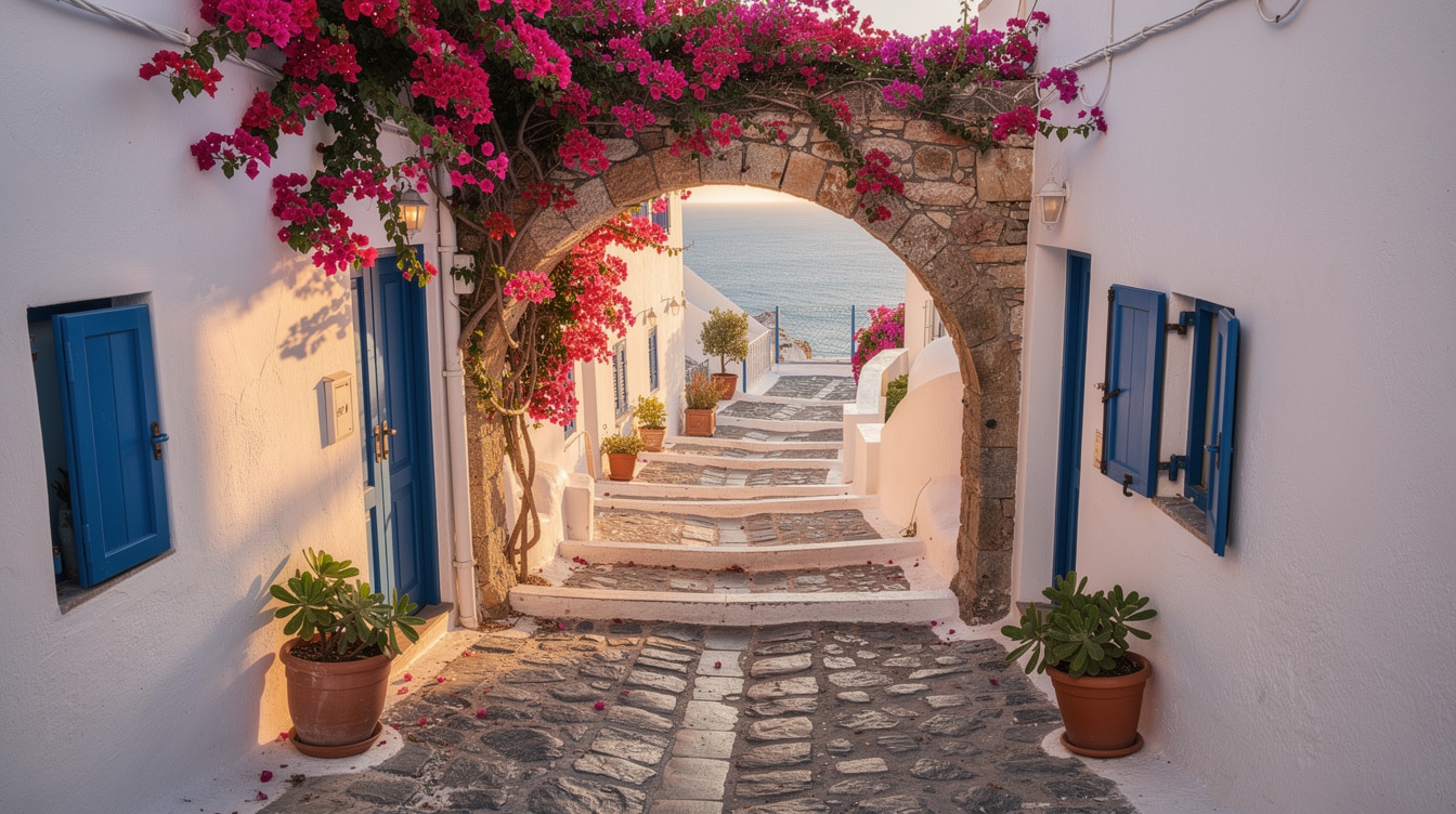Narrow cobblestone alley in Santorini with white walls blue doors and bougainvillea flowers