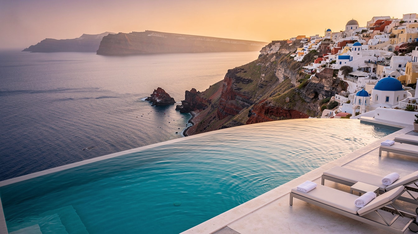 Infinity pool overlooking the Santorini caldera with turquoise water and white terraced buildings