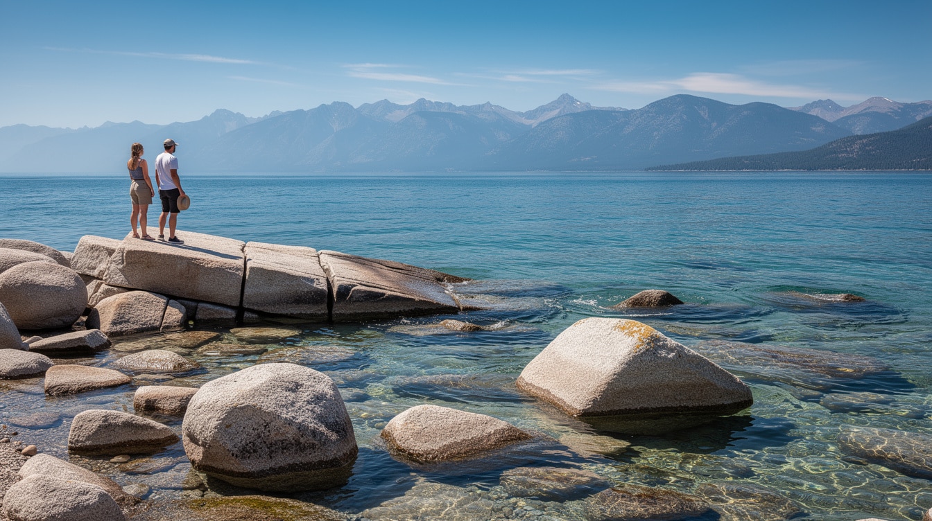 Two people standing on granite rocks at Lake Tahoe edge with crystal clear blue-green water and mountains in distance