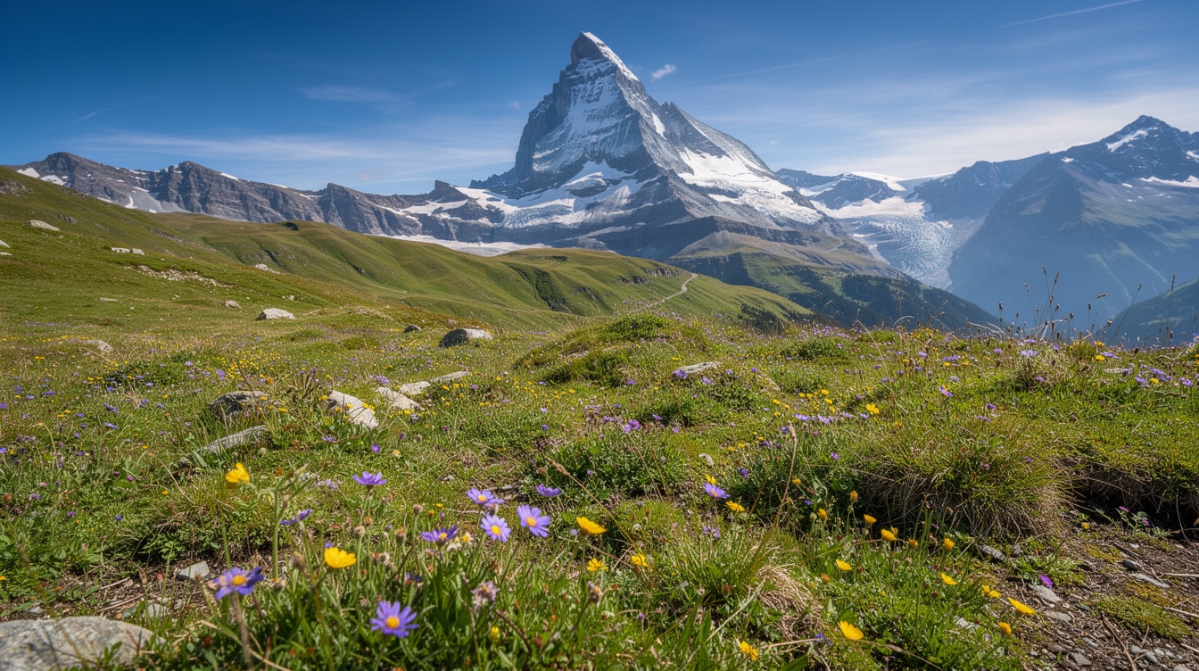 Swiss alpine meadow filled with wildflowers with Matterhorn and snowy peaks in background