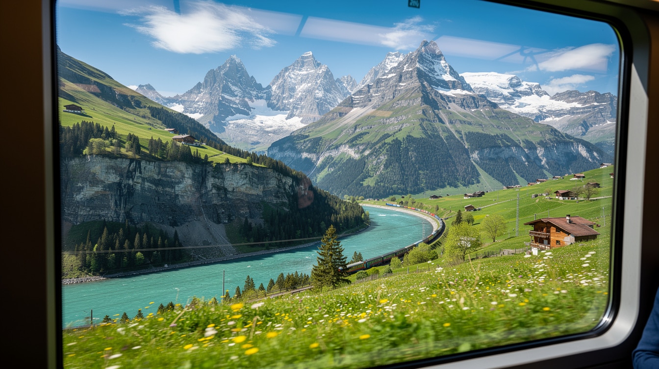View from Swiss train window showing dramatic Alps landscape with snow-capped mountains and green valleys