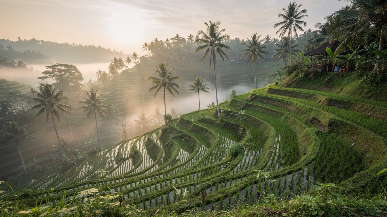 Dramatic green rice terraces of Tegallalang cascading down hillside in Ubud Bali Indonesia