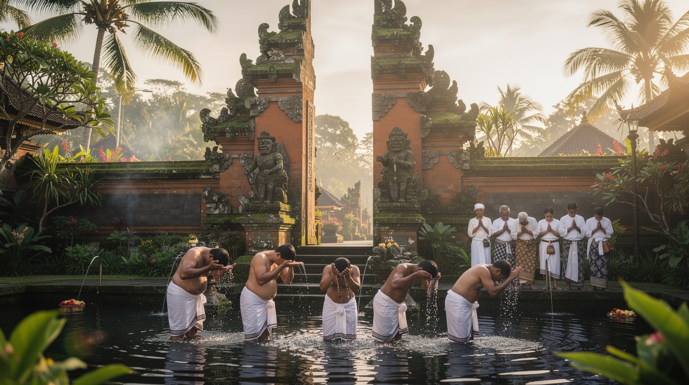 Sacred Tirta Empul water temple in Bali with purification ritual in crystal clear spring pools