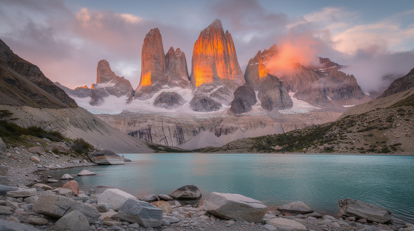 Three granite towers of Torres del Paine glowing at sunrise above turquoise glacial lake in Patagonia Chile