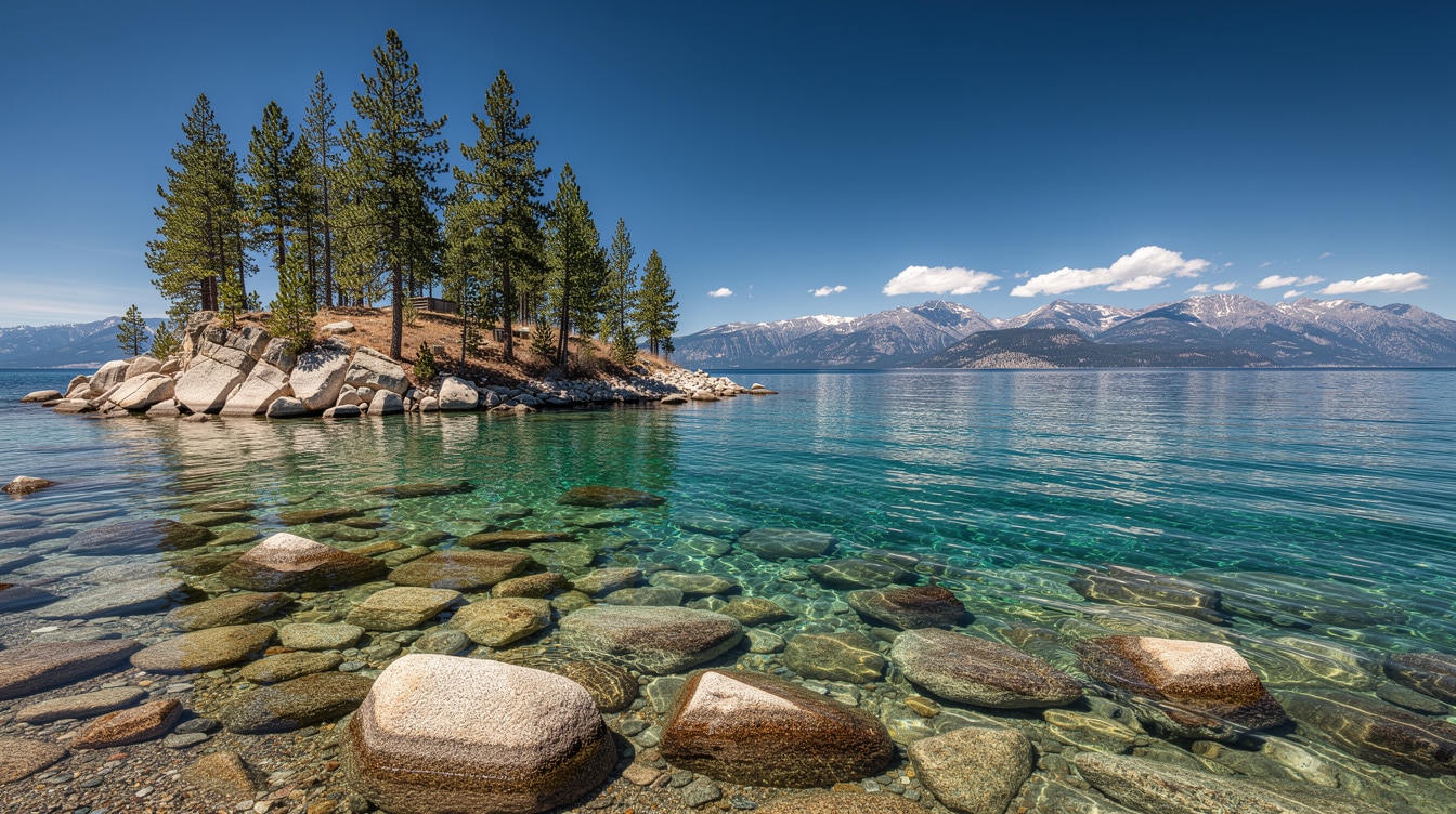 Zephyr Cove Lake Tahoe with crystal clear turquoise water pine trees on rocky point and snow-capped mountains